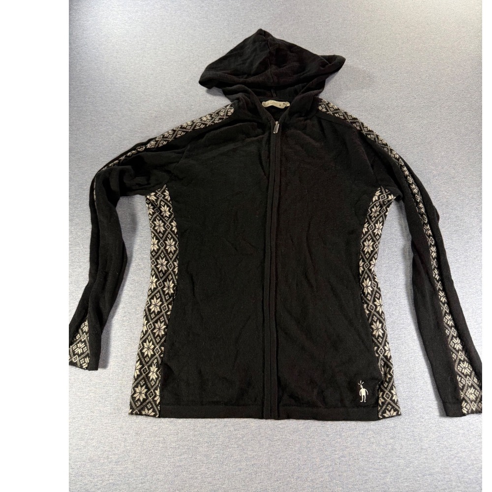 Smartwool 100% Merino Wool Full Zip Hoodie Black Nordic Snowflake Women Medium